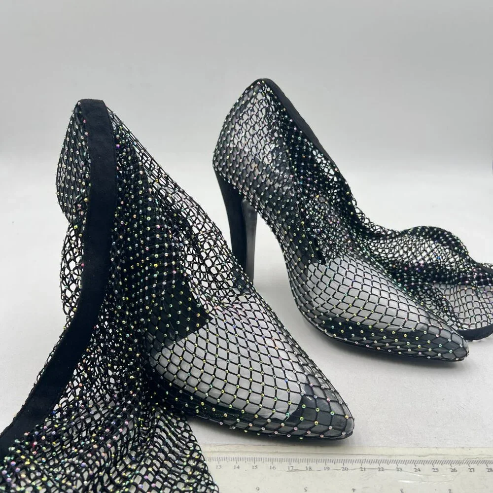 FSJ Black Diamante Fish Net Sexy High Heel Long Boots